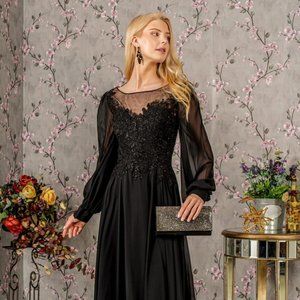 NEW LONG FORMAL FLORAL EMBROIDERED DRESS WITH BOAT-NECK & LONG SLEEVES GL3363